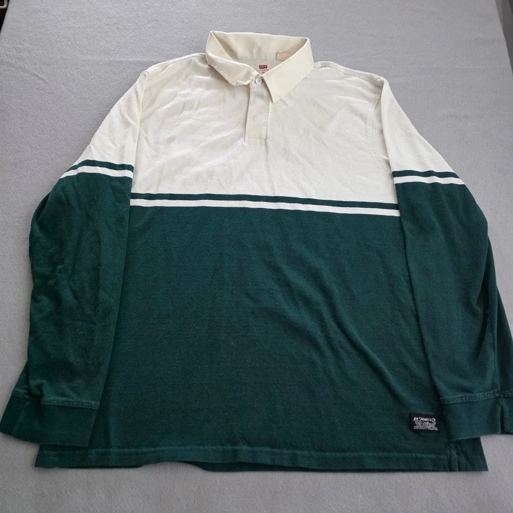 Levis Mens Relaxed Fit Rugby Shirt XL Cream Green Color Block Long Sleeve Polo